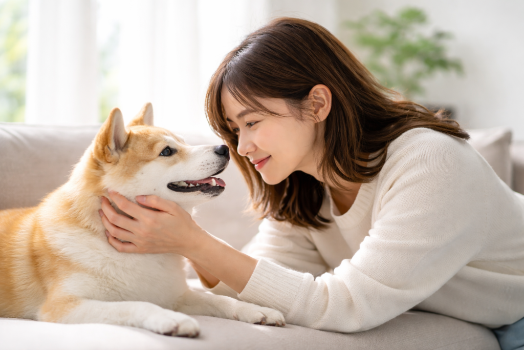 飼い主が愛犬と見つめ合う日常の写真。低温・低圧製法でアクリルアミドを抑え、かゆみや赤みの食事ケアを提案するベースフード75のイメージ。
